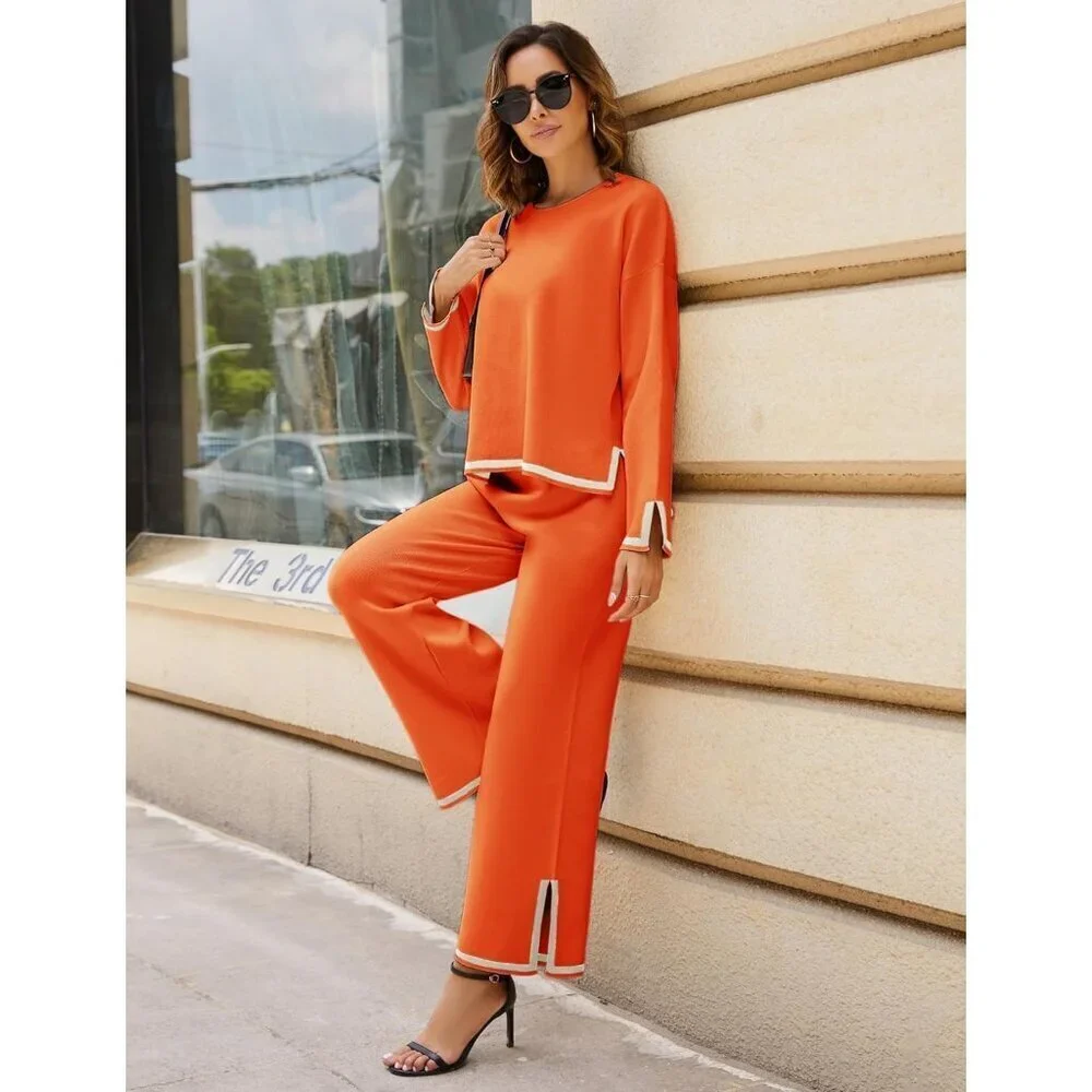 Women's Orange Long Sleeve Knit Sweater Top & Wide Leg Pants Lounge Set